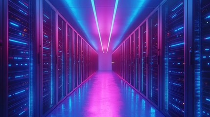 Poster - Futuristic server room interior with mirrored blue and magenta neon lights reflecting off high-tech data racks, ideal for AI, cybersecurity, or digital infrastructure themes