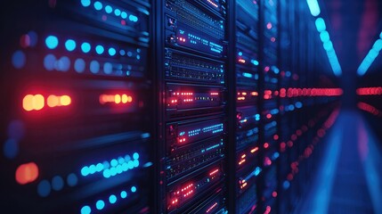 Poster - Detailed 3D rendering of high-performance data servers glowing in red and blue LED lights, ideal for illustrating cloud infrastructure, cybersecurity, or digital network systems