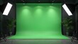 © Vadym - Empty green screen studio set up with soft lighting. Blank backdrop for photo video production. Modern film stage with lights, lamps. Interior studio with plants. Empty backdrop for video,