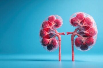 Aufkleber - Realistic 3D Render Showcasing Healthy Human Kidneys on a Clean Blue Background With an Empty Upper Third Space for Textual Overlay
