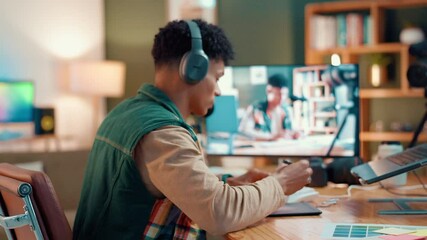 Poster - Man, influencer and headphones with laptop, screen and production for editing video or review. Monitor, tech and writing with content creation, audio and freelancer in house for social media podcast