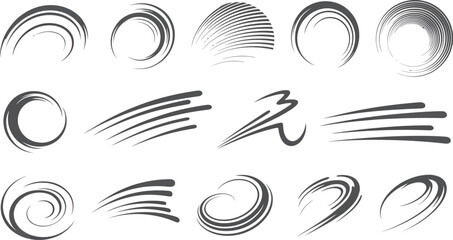 Wall Mural - a collection of various abstract speed lines and circular motion graphics in grayscale on white back