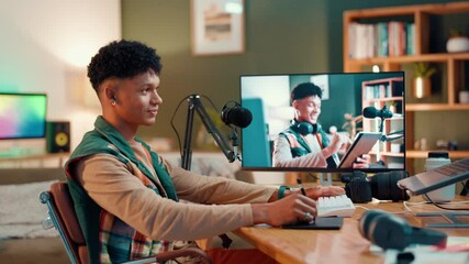 Poster - Man, influencer and editing with video, screen and smile with notes and review. Monitor, digital technology and writing with content creation, laptop and freelancer in house for social media podcast