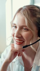 Poster - Call center, business and happy woman help for customer service or multilingual support. Consultant, talking or virtual assistance with headset for faq, contact us or language translation on computer