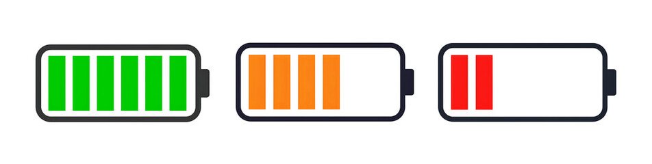 Color-coded battery level indicators showing full, medium, and low charge status for energy and power concepts icon isolated on a transparent background