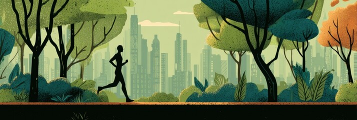 Aufkleber - Jogger Enjoying a Morning Run in an Urban Park Surrounded by Trees and a City Skyline