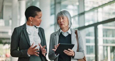 Aufkleber - Office, business people and walking with tablet for solution, feedback or teamwork for case justice. Women, lawyer and advocate with collaboration for corporate court, online report and discussion
