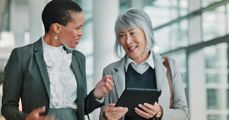 Aufkleber - Office, business people and walking with tablet for talking, legal aid or teamwork for case justice. Women, lawyer and advocate with collaboration for corporate court, online report and discussion