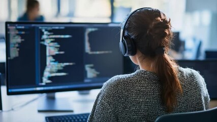Young Woman Coding with Headphones On, Software Development and Programming
