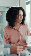 Poster - Finance, presentation and tablet screen with business woman in boardroom for company growth. Data, infographics and statistics with financial expert in corporate workplace for development seminar