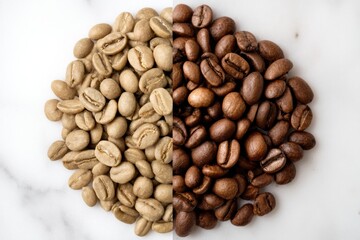 Poster - Caffeinated and Decaf Coffee Beans Side-By-Side Comparison Emphasizing Color and Texture Differences
