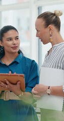Leinwandbilder - Teamwork, tablet and discussion with business people in office for research, planning or feedback. Brainstorming, project update and review with employees for digital report, progress and partnership