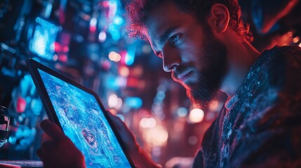 Focused coder immersed in glowing screen light with a vibrant tech background