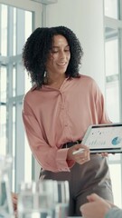 Poster - Presentation, tablet screen and businesswoman in office with statistics, graphs or charts for finance. Technology, meeting and female financial analyst with data for company investment planning.