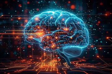 Wall Mural - futuristic neural network: a glowing brain interface with digital circuitry