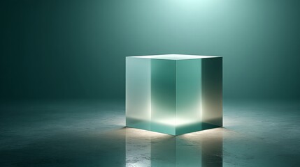 Wall Mural - Translucent Cube on Reflective Surface with Teal Background