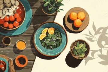 Aufkleber - Rustic Table Setting Featuring a Colorful Plant-Based Meal With Fresh Ingredients and Vibrant Dishes in Natural Light