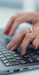 Leinwandbilder - Typing, laptop and hands of business woman for online project, administration and research. Corporate consultant, office administrator and person on computer for internet, website and digital report