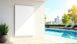 © Umair - Blank vertical poster mockup on modern exterior wall near rooftop pool with urban cityscape view in background on sunny day. 3D Rendering, created with generative ai