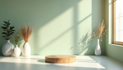 Poster - Minimalist 3D studio room design. Sage green backdrop empty floor, wall product podium. Warm shadow from window across countertop. Natural sunlight. Plants, vases decor elements. Perfect for product