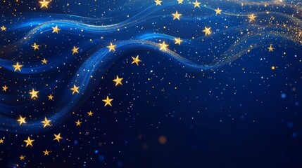 Wall Mural - abstract wavy blue background with glittering golden stars.