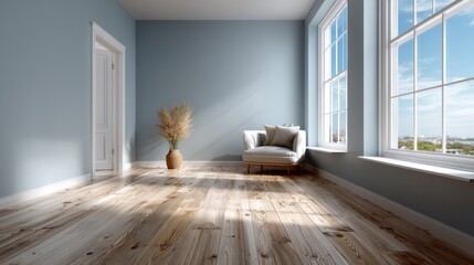 Fototapete - Bright and airy interior featuring wooden floors, large windows, and a single chair with decorative cushion, creating a tranquil and minimalist atmosphere in the room
