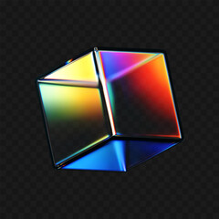 Wall Mural - 3D crystal glass cube with refraction and iridescent effects isolated on dark background. Render transparent rotating glass box with neon dispersion light and rainbow gradient. 3d vector figure