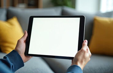 Poster - Close-up of hands holding modern tablet with blank white screen against soft background. Person uses digital device in home, reading, watching media, social media, online content. Concept tech,