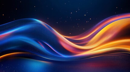 Wall Mural - abstract flowing vibrant blue and orange waves with glittering particles on dark background.