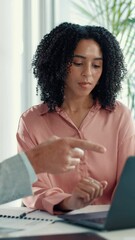Aufkleber - Laptop, meeting and businesswoman in office for research with company budget planning together. Computer, typing and female finance analyst with client for investment feedback, forecasting or report.
