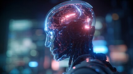 Futuristic transparent robot head with glowing circuits and neon lights, blue and pink palette, perfect for tech or AI design.