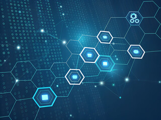 a futuristic dark-blue background with a network of glowing hexagons and binary code