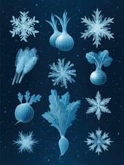 Aufkleber - Flat Design of Ice Crystals and Fresh Produce Icons in a Creative Layout