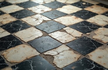 Aufkleber - Detailed illustration worn checkered marble tile floor. Black, white squares with cracks, holes. Worn appearance. Suitable for architecture design, interior design, background texture needs.
