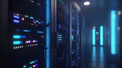 Poster - Dimly lit data center corridor with glowing multicolored server indicators and ambient blue lighting, ideal for visualizing cloud operations, data security, and network infrastructure