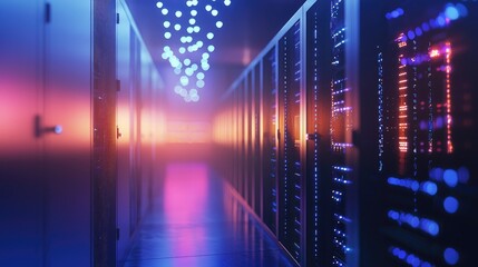 Poster - Colorful server room corridor with glowing orange, pink, and blue reflections and ambient ceiling lights, ideal for futuristic data storage, network systems, and cloud computing themes