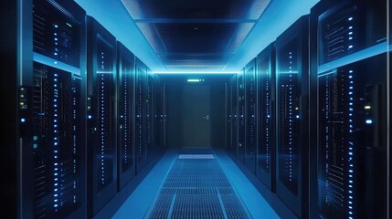 Poster - High-tech server hallway with rows of data racks under cool blue lighting, perfect for illustrating cloud infrastructure, cybersecurity systems, and IT network environments
