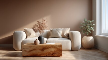 Fototapete - This stylish living room showcases a beige color palette, featuring a plush sofa adorned with neutral cushions. A wooden coffee table complements a minimalist decor with plants and decorative vases