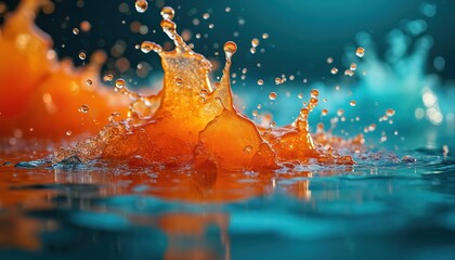 Leinwandbilder - Orange liquid splash in water creating vibrant splash with droplets. Fresh liquid in motion, motion blur. Refreshing summer drink, juice. Macro close-up shot, detailed water surface, dynamic, energy.