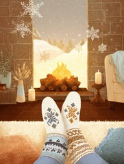 Poster - Cozy Winter Atmosphere With a Warm Fireplace and Knitted Socks by a Window Overlooking Snowy Landscape