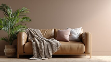 Fototapete - This inviting living room showcases a brown sofa adorned with soft cushions and a knit throw, accompanied by a lush plant, creating a warm and relaxing ambiance