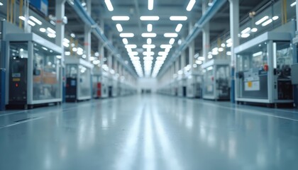 Fototapete - Modern manufacturing facility featuring advanced robotics, clean lines. Industrial environment with automated assembly line equipment. Tech, innovation, medicine. Sterile interior. Manufacturing