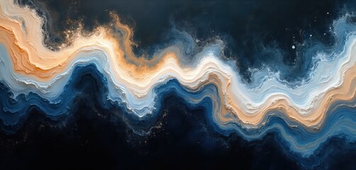 Poster - Abstract swirling illustration with dance of contrasting tones. Wavy shapes in blue, white, gold, orange. Modern art, evoking water, fire elements. Visual representation of harmony, peace, chaos.