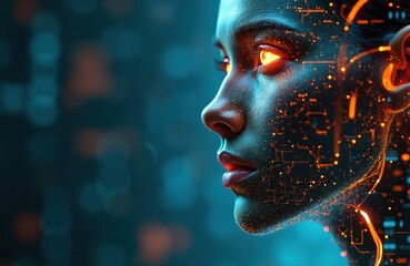 Fototapete - Illustration of AI face, digital futuristic skin, glowing circuits. Woman avatar portrait, glowing eyes. Tech concept, neural network, cybernetic, artificial intelligence. Digital human future.