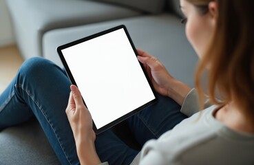 Aufkleber - Woman holds blank tablet screen sitting couch. Space for app, website design presentation. Female relaxing, using digital device at home. Technology mockup, lifestyle concept, online communication.