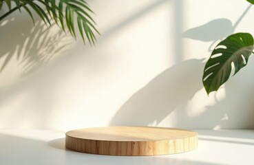 Aufkleber - Wooden platform display natural product presentation. Plants shadows background. Light, minimalist interior, organic style, eco-friendly decor. Calm aesthetic, neutral scene, blank space for brand