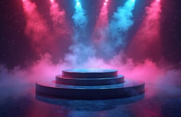 Poster - Podium stage for presentation with neon lighting, spy theme atmosphere. Illuminated scene for product placement. Glowing red, blue laser light. Product display, show, showcase, performance, design