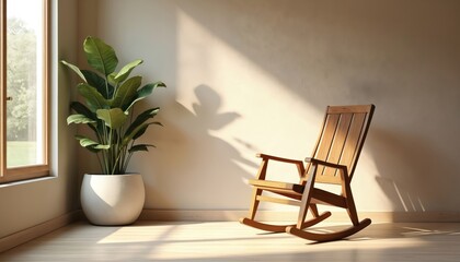 Fototapete - Modern interior design with wooden rocking chair, potted plant. Sunlight through window creates relaxing ambience. Cozy home decor with natural, earthy tones. Minimalist style, serenity, peaceful