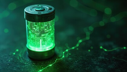 Aufkleber - Futuristic glowing green energy cell on dark surface. Circuitry, neon lighting, high-tech design. Illustration of power, technology, innovation, digital future concept for tech. Energy cells tech