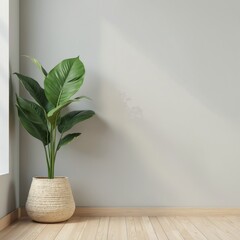 Poster - Green plant pot in a modern, minimalist home interior with a bright window. Cozy room corner with wooden floor, beige walls, space for design, sunlight, home decor.